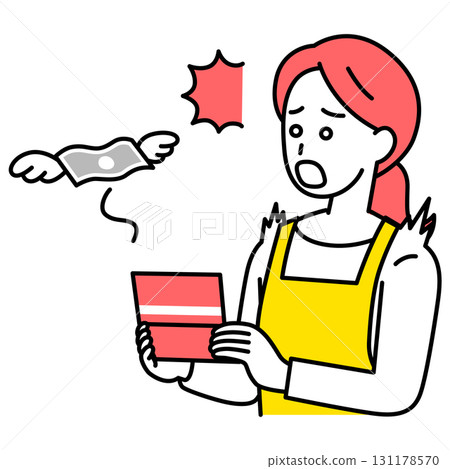 一位繫著圍裙的女士因銀行存款減少而感到震驚 131178570