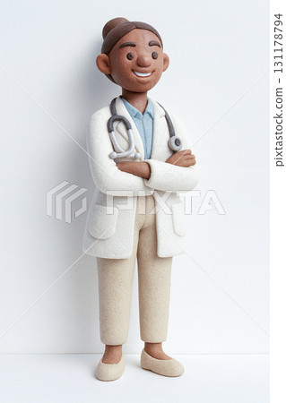 Clay Figurine of Female Doctor in White Coat with Stethoscope 131178794