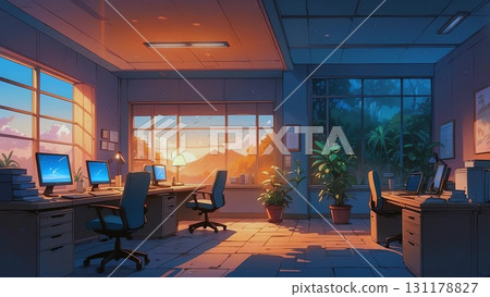 Game background: An abandoned office at dusk after the human race has been wiped out by global environmental change. 131178827