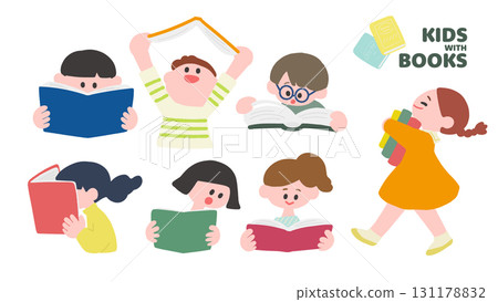Illustration set of children reading books - simple and cute illustrations with a hand-drawn feel 131178832
