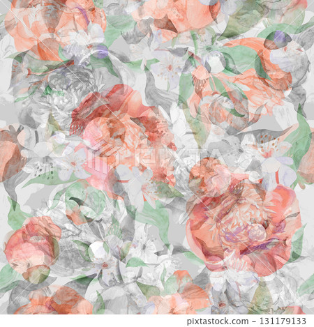 Botanical seamless pattern with abstract flowers and peony sulhouettes for textiles 131179133