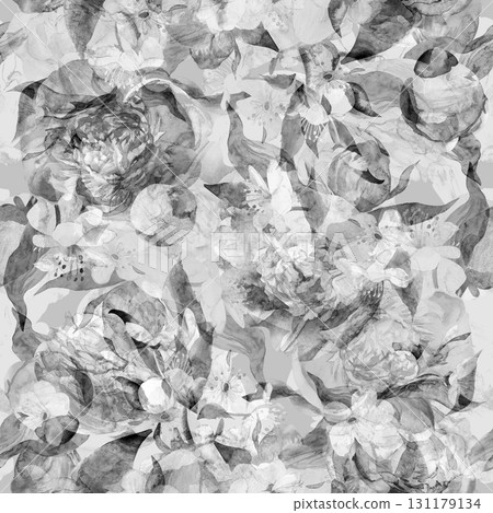 Seamless black and white abstract botanical pattern with flower textures in monochrome shades for textiles 131179134