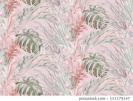 Seamless botanical pattern jungle with watercolor leaf silhouettes Seamless botanical pattern jungle with watercolor leaf silhouettes 131179147