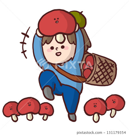 Illustration of a child skipping happily after harvesting lots of mushrooms Illustration of a child skipping happily after harvesting lots of mushrooms 131179354