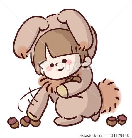 Illustration of a child wearing a rabbit costume picking up fallen acorns 131179358