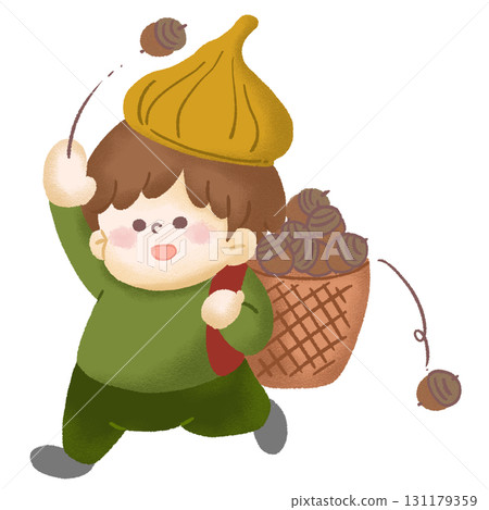 Illustration of a child wearing an acorn hat and carrying a basket full of acorns 131179359