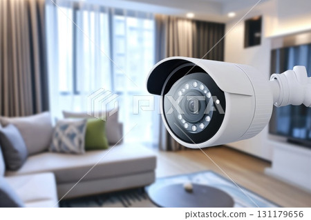White security camera actively observing a modern home living room interior. Advanced digital surveillance system captures a wide view of the comfortable apartment space. White security camera actively observing a modern home living room interior. Advanced digital surveillance system captures a wide view of the comfortable apartment space. 131179656