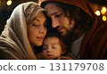 Nativity manger view, crib vision, holy couple, Bethlehem moment, infant birth, sacred tableau, divine child, creche display, saint family, festive setting, yuletide spirit, baptism story 131179708