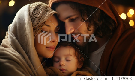 Nativity manger view, crib vision, holy couple, Bethlehem moment, infant birth, sacred tableau, divine child, creche display, saint family, festive setting, yuletide spirit, baptism story 131179708