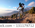 Mountain adventure: biker climb, trail ride, terrain challenge, slope path, uphill struggle, outdoor thrill, rocky landscape, gear movement, pedal journey, altitude effort, summit pursuit nature rush. 131179712