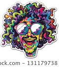 A cheerful character with a wild, colorful hairstyle and oversized round glasses radiates joy. The design captures the essence of fun and creativity. 131179738