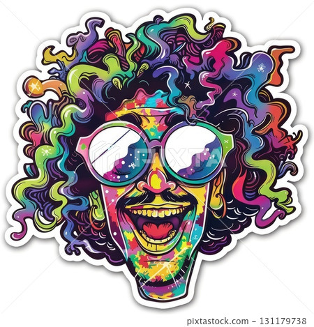 A cheerful character with a wild, colorful hairstyle and oversized round glasses radiates joy. The design captures the essence of fun and creativity. 131179738