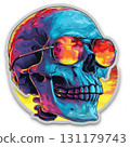 A vivid skull design wears stylish sunglasses that reflect a colorful sunset. The backdrop features lively hues of orange and purple, creating an eye-catching visual effect. 131179743