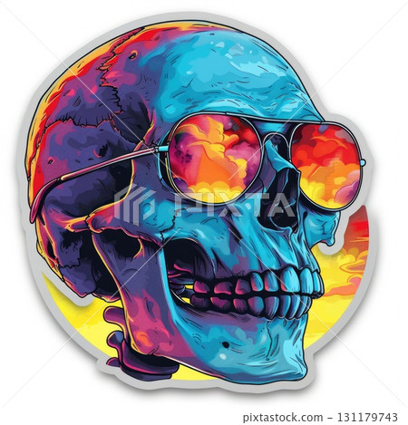 A vivid skull design wears stylish sunglasses that reflect a colorful sunset. The backdrop features lively hues of orange and purple, creating an eye-catching visual effect. 131179743