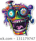 A lively sticker features a psychedelic monster with exaggerated facial features, including bulging eyes and a wide grin. 131179747