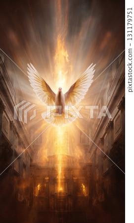 Pentecost reflection: Trinity feast, Spirit descent, Whit Monday, sacred celebration, holy gathering, divine presence, apostolic vision, solemn eve, heavenly message, spiritual renewal sacred harmony 131179751