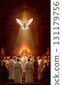 Pentecost reflection: Trinity feast, Spirit descent, Whit Monday, sacred celebration, holy gathering, divine presence, apostolic vision, solemn eve, heavenly message, spiritual renewal sacred harmony 131179756