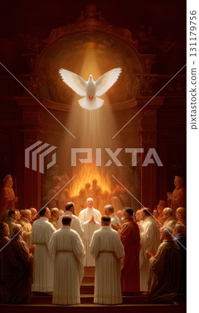 Pentecost reflection: Trinity feast, Spirit descent, Whit Monday, sacred celebration, holy gathering, divine presence, apostolic vision, solemn eve, heavenly message, spiritual renewal sacred harmony 131179756