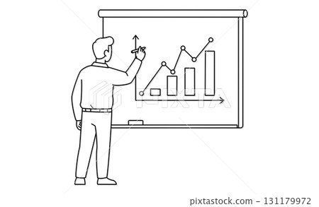 Illustration icon of a man giving a presentation using graphs at a meeting Illustration icon of a man giving a presentation using graphs at a meeting 131179972