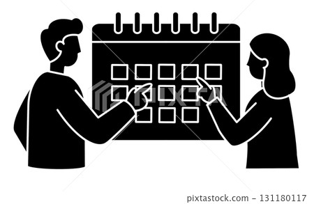 男人和女人使用日曆檢查日程安排的線條畫插圖圖標 男人和女人使用日曆檢查日程安排的線條畫插圖圖標 131180117