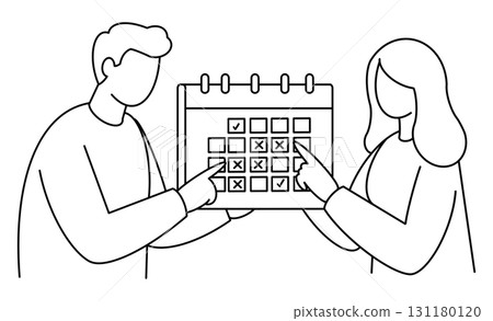 男人和女人使用日曆檢查日程安排的線條畫插圖圖標 131180120