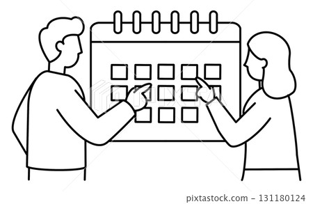 男人和女人使用日曆檢查日程安排的線條畫插圖圖標 131180124