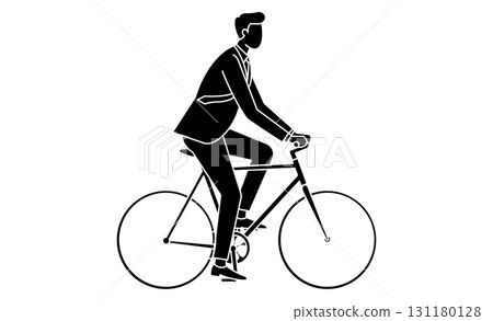 Line drawing illustration icon of a male businessman commuting by bicycle 131180128