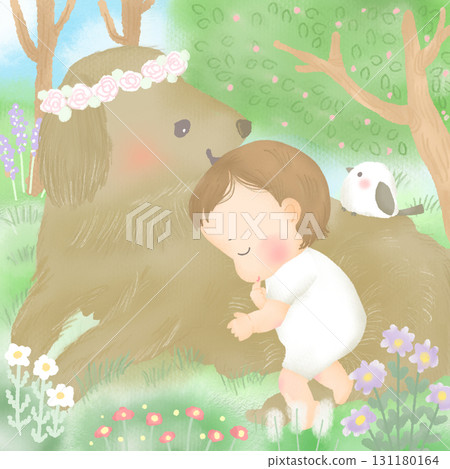 一個嬰兒在花田裡睡覺，一隻狗溫柔地守護著他 131180164