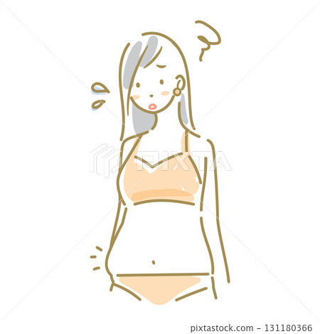 一位擔心自己隆起的肚子的女人——一幅柔和、時尚的水彩線描畫 一位擔心自己隆起的肚子的女人——一幅柔和、時尚的水彩線描畫 131180366