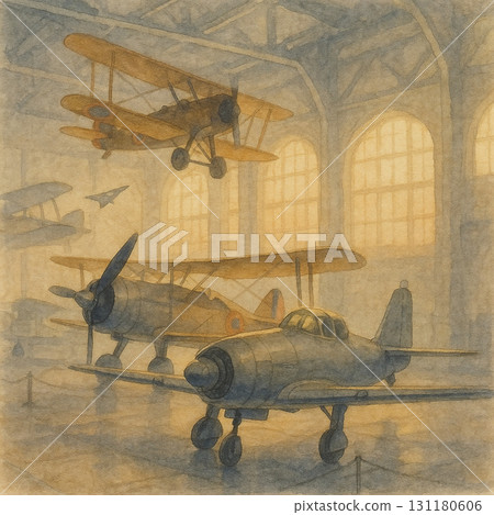 航空博物館內展示的老式戰鬥機 水彩插畫 131180606
