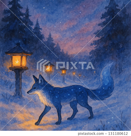 星空狐狸雪夜散步 幻想水彩插畫 131180612