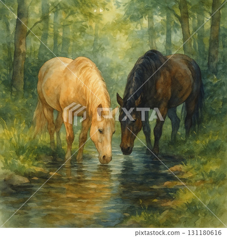 Two horses drinking water by a forest stream. Watercolor illustration Two horses drinking water by a forest stream. Watercolor illustration 131180616