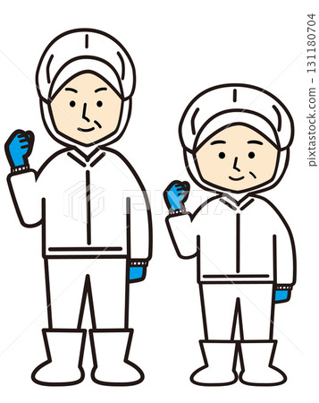 Middle-aged men and women working in a factory doing a fist pump 131180704