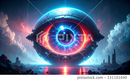 AI Surveillance Concept with Glowing Sensor Eye. AI themed Background. Generated Image AI Surveillance Concept with Glowing Sensor Eye. AI themed Background. Generated Image 131181040