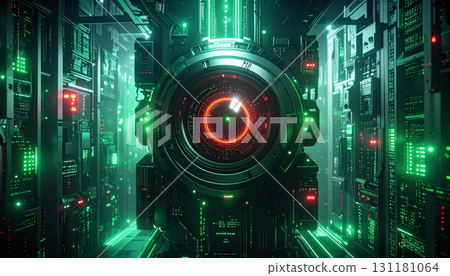 AI Surveillance Concept with Glowing Sensor Eye. AI themed Background. Generated Image 131181064