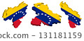 3D isometric illustration map of  Venezuela is shown with the national flag as a cover. The illustration includes isometric views from the top, left, and right.	 131181159