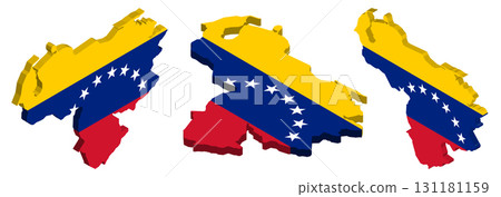 3D isometric illustration map of  Venezuela is shown with the national flag as a cover. The illustration includes isometric views from the top, left, and right.	 3D isometric illustration map of  Venezuela is shown with the national flag as a cover. The illustration includes isometric views from the top, left, and right.	 131181159