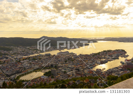 Bergen aerial panoramic view from Mount Floyen viewpoint, Norway. 131181303