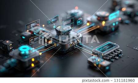 computer motherboard with blue data 131181960