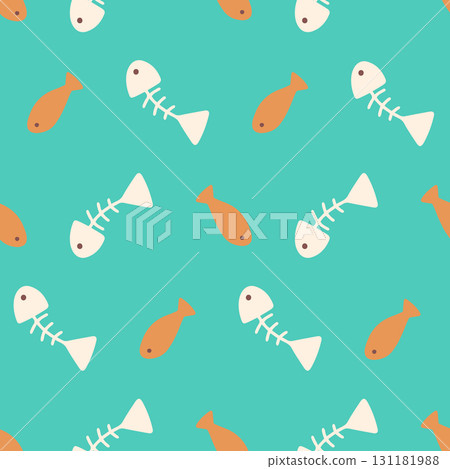 Fun seamless pattern of quirky fish and bones on a turquoise background. Great for childrens designs, pet themes, fabric, wallpaper, packaging, wrapping paper, and playful decorative projects. 131181988