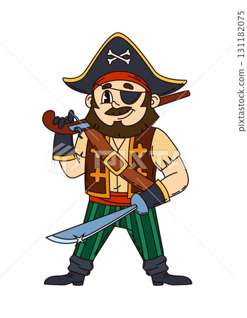 Groovy pirate or corsair character with eyepatch in captain sailor tricorne hat, cartoon vector. Groovy funny Caribbean pirate character or corsair boatswain man with saber sword and musket gun 131182075