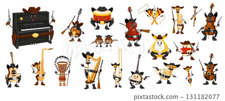 Cartoon western cowboy and bandit musical instrument characters. Banjo, mandolin, violin, double bass and cello. Harp, lyre, drum, bongo and maracas. Trombone, trumpet, French horn, sax and clarinet 131182077
