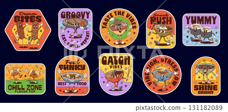 Korean cuisine groovy label stickers and hippie asian food characters patches. Korean cuisine rice and noodle soup bowls vector groovy stickers. Cartoon bbq beef bulgogi, kimbap rolls and corn dog set Korean cuisine groovy label stickers and hippie asian food characters patches. Korean cuisine rice and noodle soup bowls vector groovy stickers. Cartoon bbq beef bulgogi, kimbap rolls and corn dog set 131182089