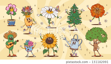 Cartoon groovy plant and flower characters set with hippie vibe and vintage fun mood. Vector dancing funny pots and floral personages with happy faces and funky outfit on yellow psychedelic background 131182091