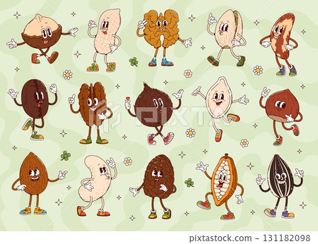 Cartoon groovy nuts and seeds characters. Vector macadamia, peanut, walnut and pistachio. Brazil nut, coffee bean, coconut, sunflower or pumpkin seed. Almond, cashew, pine cone and cocoa bean pod 131182098