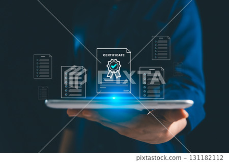 Businesswoman shows approved certificate and checklist document online, representing concept of top service, quality management, adherence to ISO standards globally trusted certificate in business. Businesswoman shows approved certificate and checklist document online, representing concept of top service, quality management, adherence to ISO standards globally trusted certificate in business. 131182112