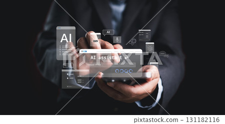 Businessman using AI assistant interface with chatbot, digital innovation and smart automation technology for corporate communication and artificial intelligence solutions. AI assistant 131182116