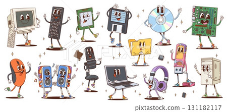 Cartoon groovy computer characters and tech gadgets. Vector desktop, keyboard, mouse and laptop. Floppy, cd or dvd, disk, microphone, speakers, headphones and game, console, cartridge with processor 131182117