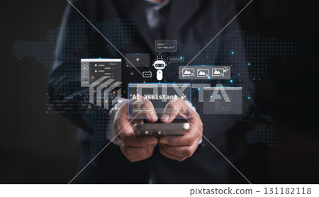 Businessman using AI assistant with global digital interface, chatbot and smart automation technology for worldwide business innovation and artificial intelligence solutions. using AI assistant 131182118