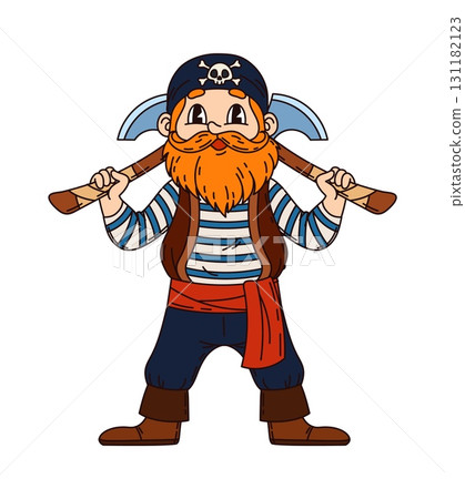 Groovy pirate or corsair character with axes and ship crew sailor, cartoon vector. Groovy funny Caribbean pirate character or corsair boatswain man with red beard in bandana with skull crossbones 131182123